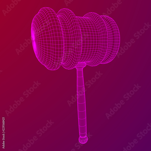 Gavel, hammer of judge or auctioneer. Wireframe low poly mesh vector illustration