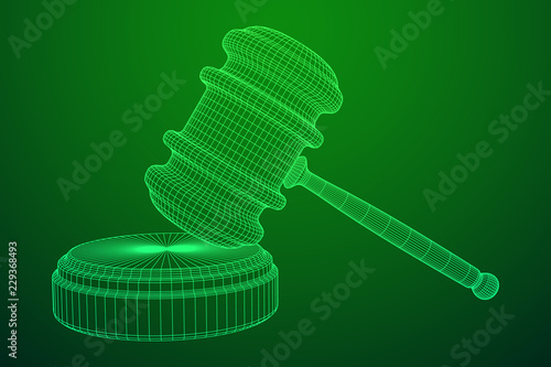 Gavel, hammer of judge or auctioneer. Wireframe low poly mesh vector illustration