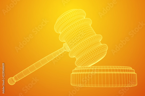 Gavel, hammer of judge or auctioneer. Wireframe low poly mesh vector illustration