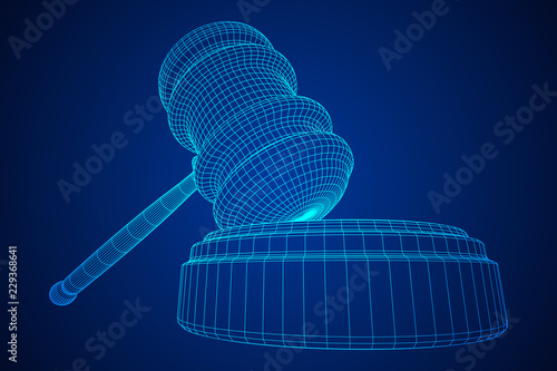 Gavel, hammer of judge or auctioneer. Wireframe low poly mesh vector illustration