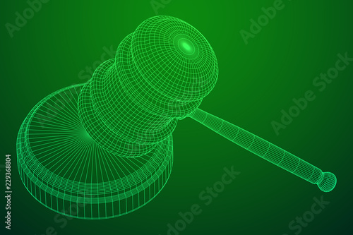 Gavel, hammer of judge or auctioneer. Wireframe low poly mesh vector illustration