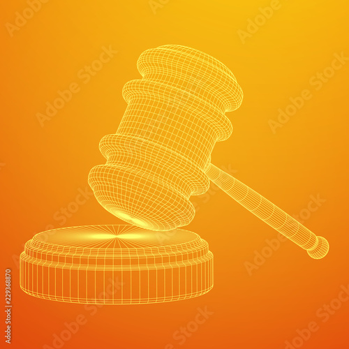 Gavel, hammer of judge or auctioneer. Wireframe low poly mesh vector illustration