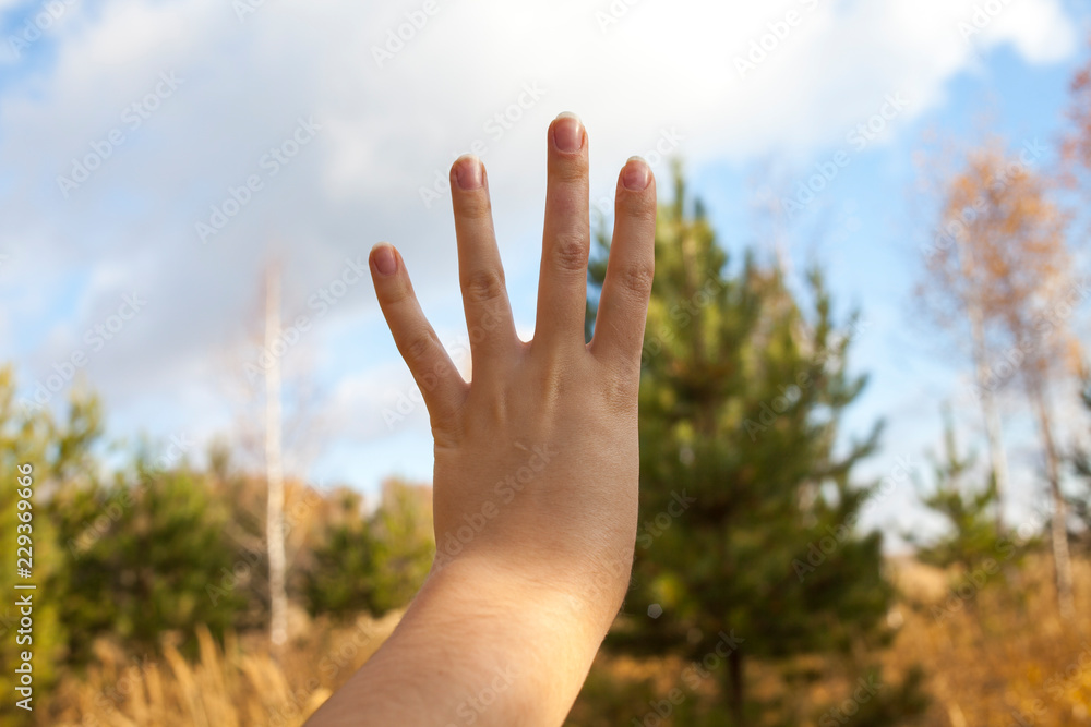 Woman's hand is the number four 4 Woman's hand is the number four 4