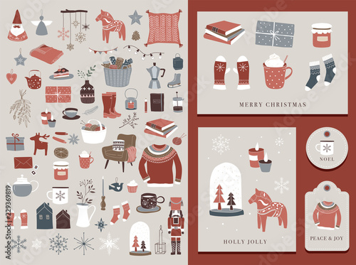 Nordic, Scandinavian winter elements and Hygge concept design, Merry Christmas card, banner, background
