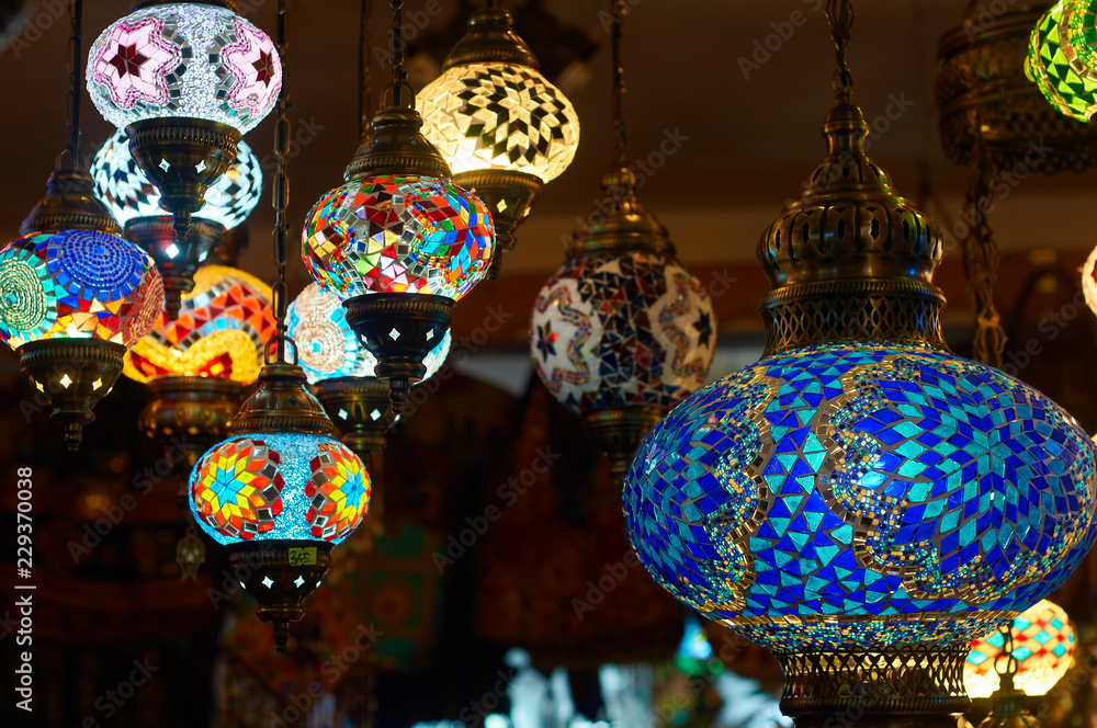 Beautiful colorful lanterns on  street market square in Turkey. Coast of the Aegean Sea.
