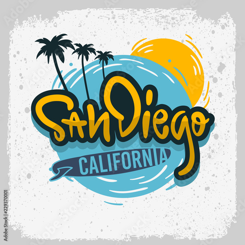 San Diego California Surfing Surf  Design  Hand Drawn Lettering Type Logo Sign Label for Promotion Ads t shirt or sticker Poster Vector Image