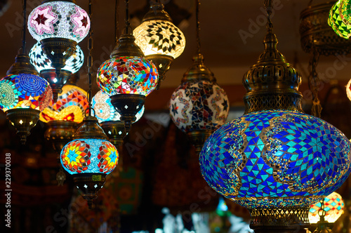 Beautiful colorful lanterns on street market square in Turkey. Coast of the Aegean Sea.