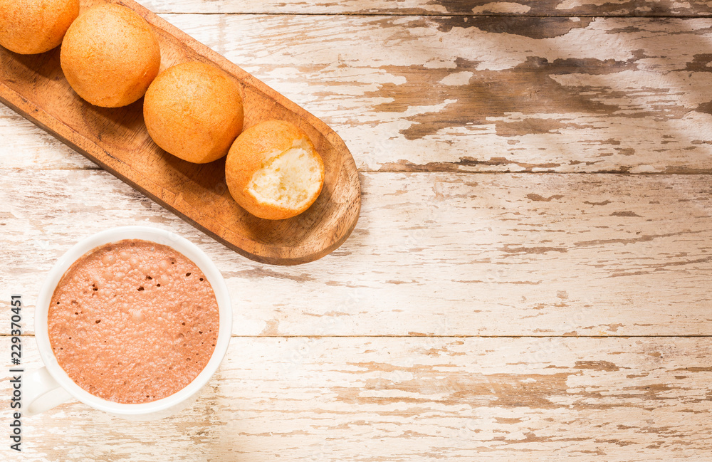 Buñuelos Colombian traditional food - Hot chocolate drink Buñuelos Colombian traditional food - Hot chocolate drink