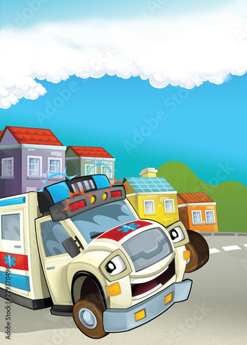 Cartoon city look with ambulance - illustration for the children © honeyflavour