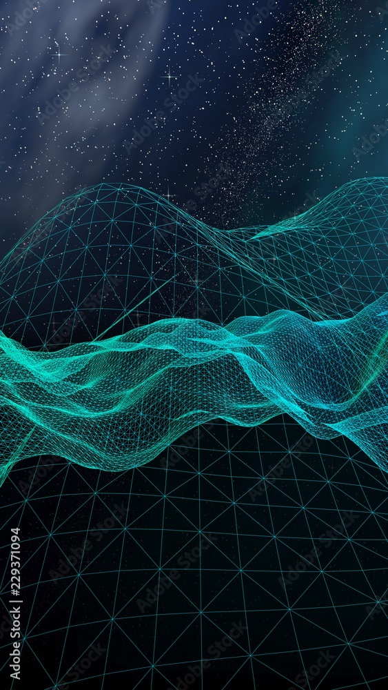 Fototapeta premium Abstract landscape on a dark background. Star horizon. Cyberspace grid. Hi-tech network. Outer space. Starry outer space texture. 3D illustration
