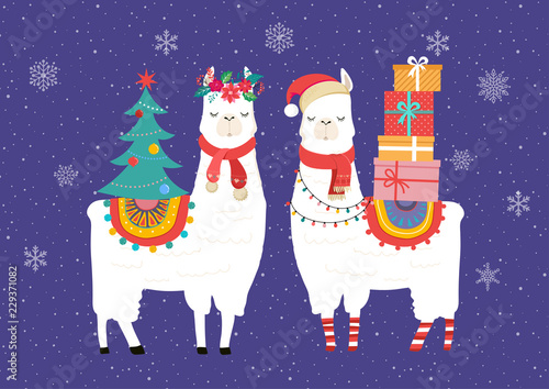 Llama winter illustration, cute design for nursery, poster, Merry christmas, birthday greeting card