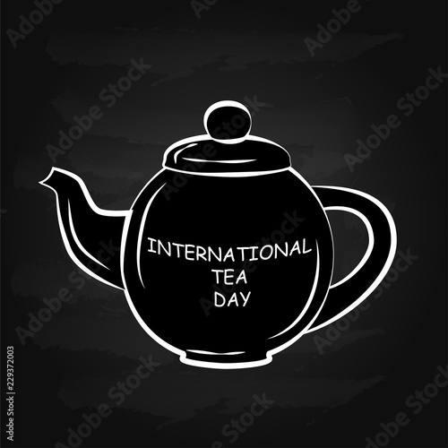 Black and white drawing of a teapot. Silhouette of a of a teapot. Lettering on of a teapot shape. EPS8