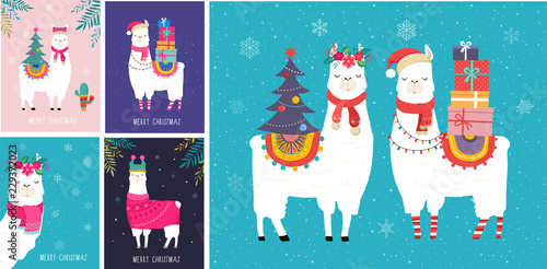Llama winter illustration, cute design for nursery, poster, Merry christmas, birthday greeting card