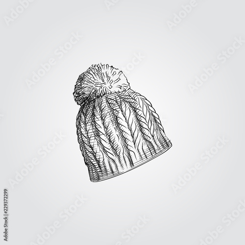 Hand Drawn knitting hat Sketch Symbol isolated on white background. Vector of winter elements In Trendy Style