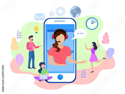 Landing page template customer and operator, online technical support 24-7 for web page. Vector illustration male hotline operator advises client. Online assistant, virtual help service 