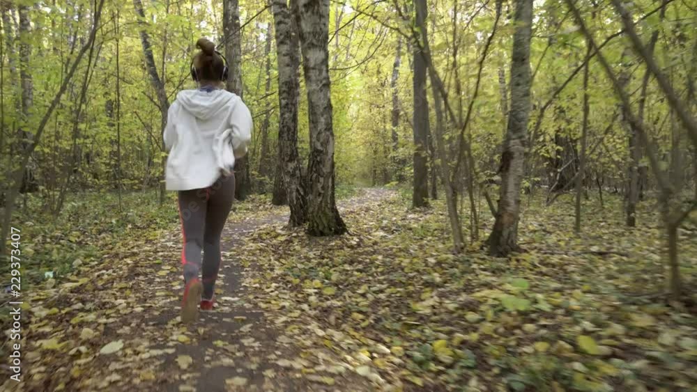 The girl runs in headphones in the autumn forest.
The girl runs in headphones in the autumn forest.