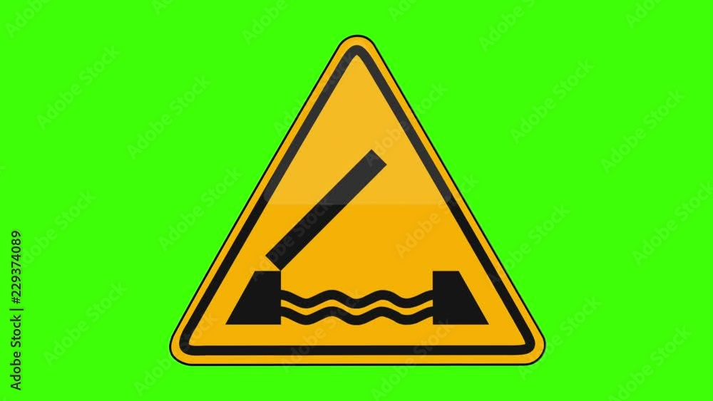 Symbol Opening Bridge Ahead Yellow Sign Green Screen Symbol Opening Bridge Ahead Yellow Sign Green Screen
