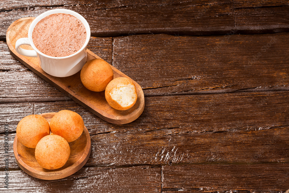 Buñuelos Colombian traditional food - Hot chocolate drink Buñuelos Colombian traditional food - Hot chocolate drink