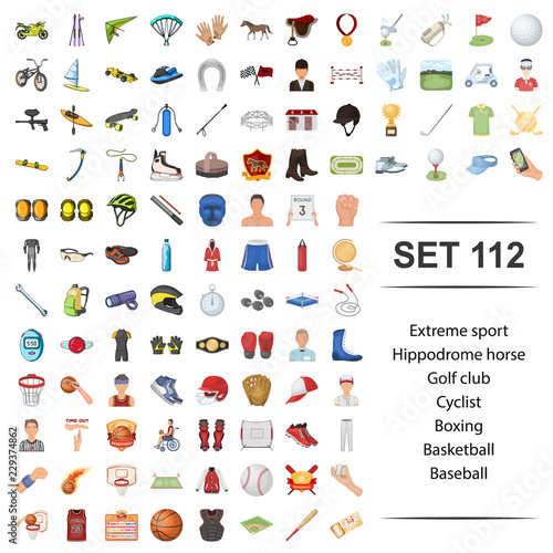 Vector illustration of extreme, sport,hippodrome, horse,golf club cyclist boxing basketball baseball icon set.