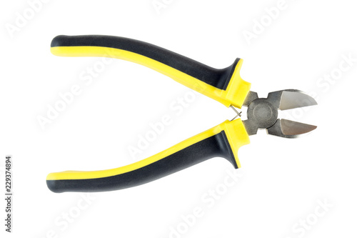 Wire cutters black yellow, cut out on white background. Tools series.