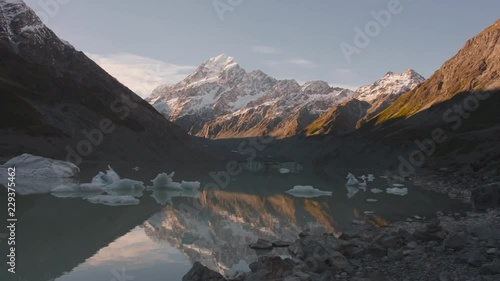 Glacier lake with ice blocks and background of Mount Cook