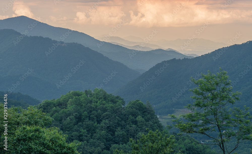 Great Smoky Mountains National Park, North Carolina, USA - June 19, 2018: Sunrise Landscape Great Smoky Mountains National Park Gatlinburg TN and Oconaluftee Valley Cherokee NC Great Smoky Mountains National Park, North Carolina, USA - June 19, 2018: Sunrise Landscape Great Smoky Mountains National Park Gatlinburg TN and Oconaluftee Valley Cherokee NC