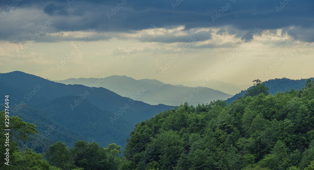 Great Smoky Mountains National Park, North Carolina, USA - June 19, 2018: Sunrise Landscape Great Smoky Mountains National Park Gatlinburg TN and Oconaluftee Valley Cherokee NC