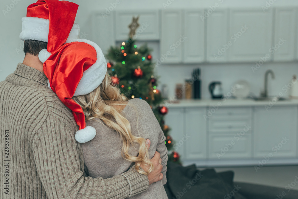 Obraz premium rear view of couple in santa hats looking at christmas tree at home