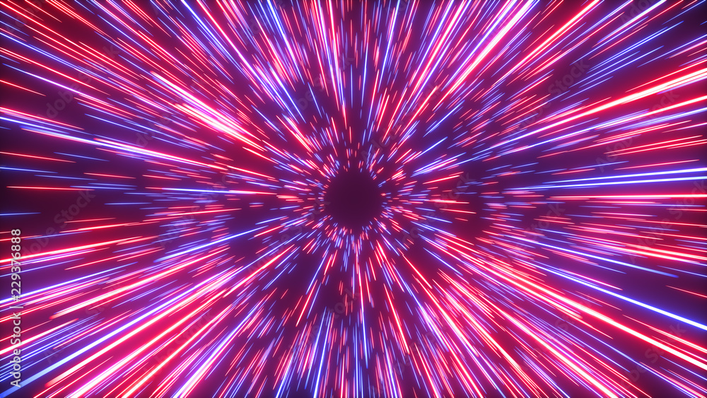 Obraz premium Abstract bright creative cosmic background. Hyper jump into another galaxy. Speed of light, neon glowing rays in motion. Beautiful fireworks, colorful explosion, big bang. Falling stars. 3d rendering