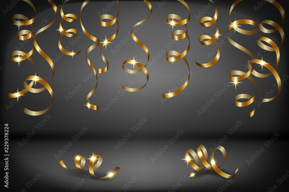 Gold serpentine, metallic ribbons on black background, celebration decoration, elements for birthday party, New Year greeting design, vector illustration Gold serpentine, metallic ribbons on black background, celebration decoration, elements for birthday party, New Year greeting design, vector illustration
