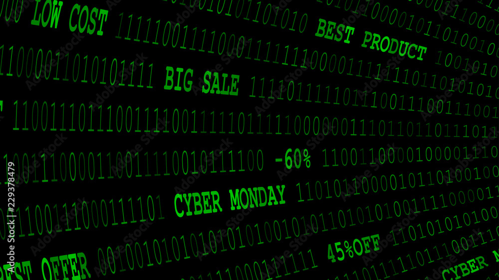 Cyber monday background of zeros, ones and inscriptions in dark green colors