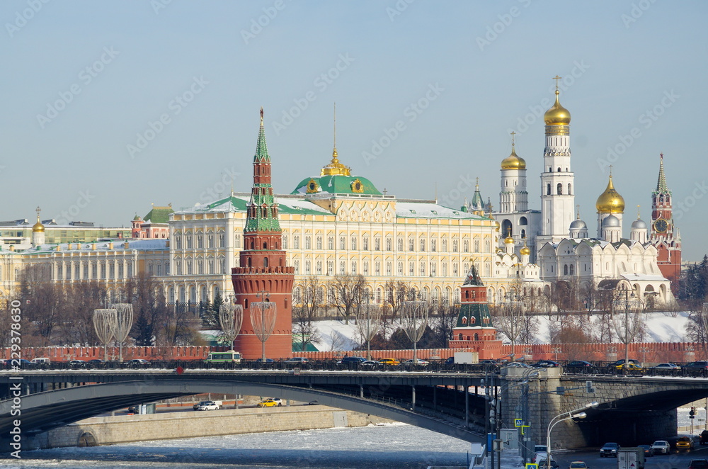 View of the Moscow Kremlin and the Big Stone bridge on a Sunny winter day. Moscow, Russia
