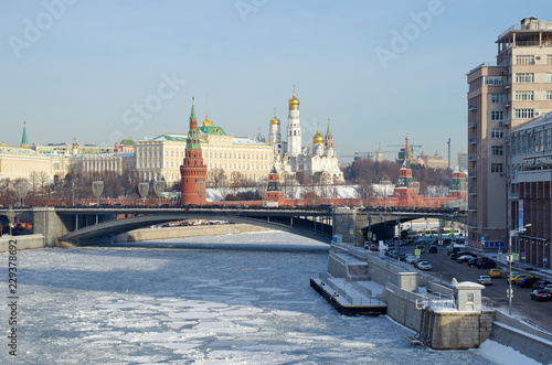 Winter view of the Moscow Kremlin and Bersenevskaya embankment. Moscow, Russia
