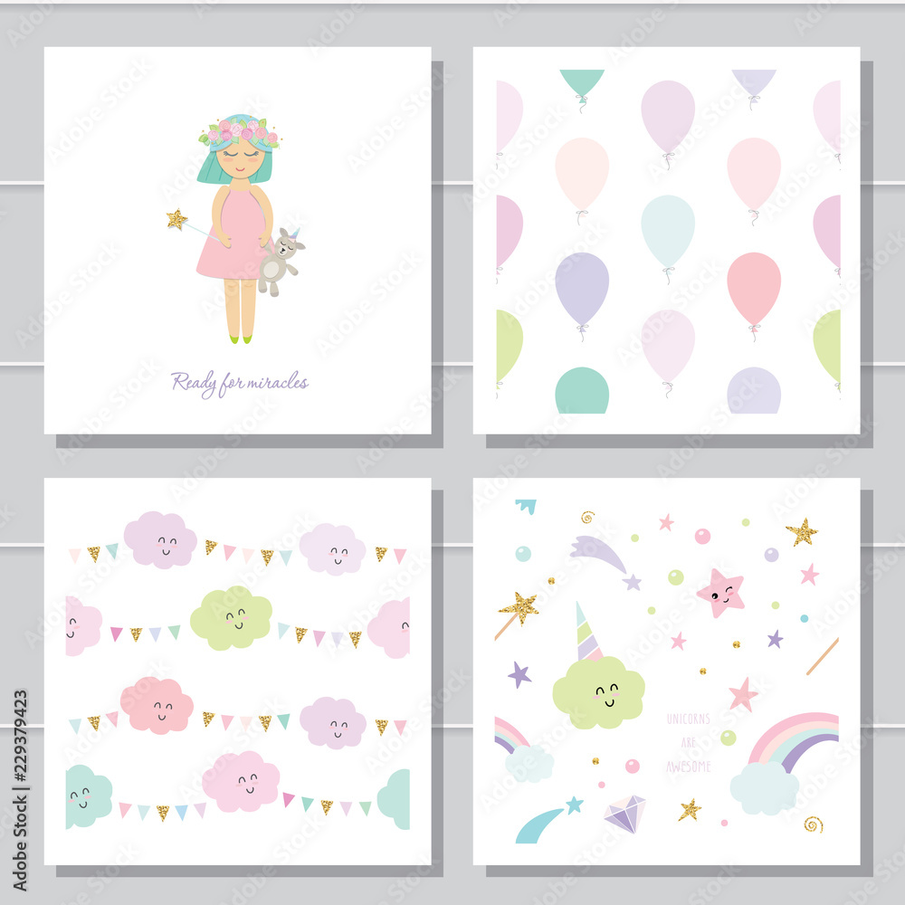 Cute cartoon seamless patterns and templates set. For kids clothes, pajamas, birthday or baby shower design. Cute cartoon seamless patterns and templates set. For kids clothes, pajamas, birthday or baby shower design.
