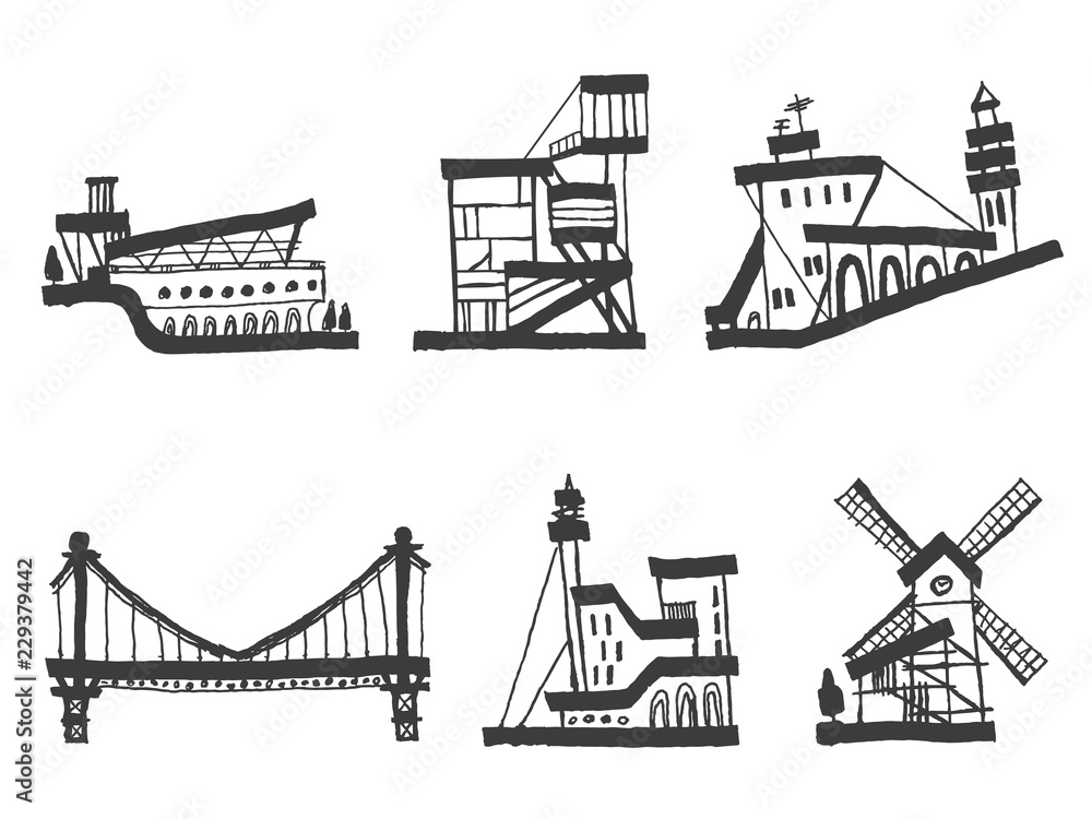 Fantastic city buildings, hand drawn with ink pen. Terminal, Slum, Hill street, Bridge, City Center and Countryside. Set of vector illustrations.