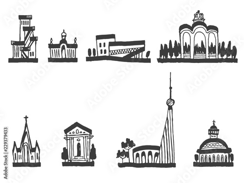 Fantastic city buildings, hand drawn with ink pen. Old town, Memorial Arch, Museum, Park Entrance, Church, Public Library, Tower, Cathedral. Set of vector illustrations.