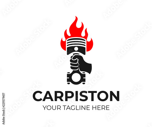 Hand holding a car piston in the form of a torch with fire, logo design. Сar repair shop, auto parts, automotive and automobile service, vector design and illustration