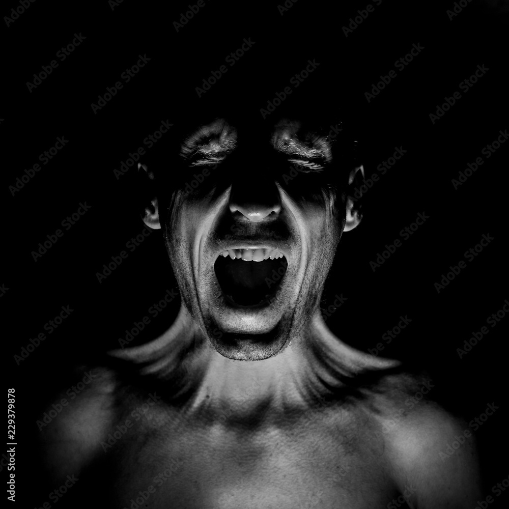 Stylish Dark Portrait Of Screaming Adult Caucasian Man Fear Concept Stylish Dark Portrait Of Screaming Adult Caucasian Man Fear Concept