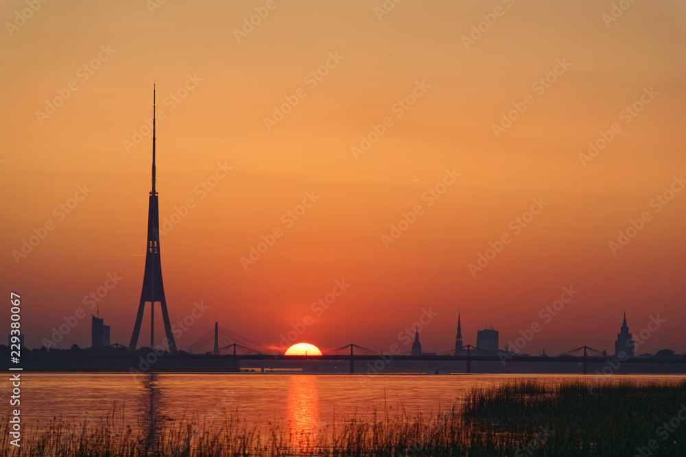 Major highest buildings in Riga, sunset