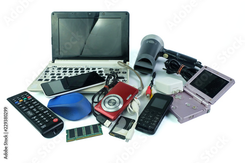 Electronic waste, gadgets for daily use and broken on white background