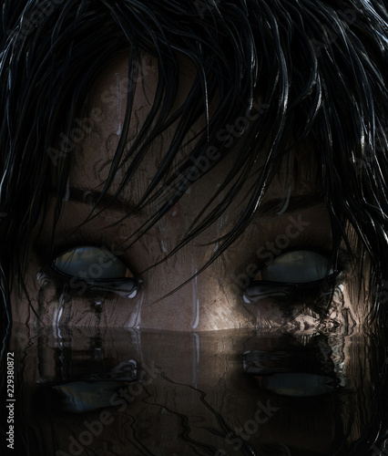 Fotografie 3d illustration of Ghost woman in the lake,Scary background mixed media