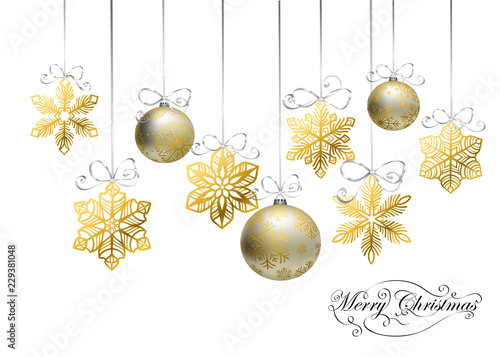 Golden snowflake ornaments  and baubles on white background. Christmas illustration.
