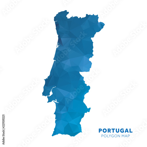Photo Map of Portugal. Blue geometric polygon map.
