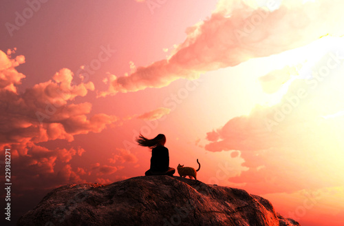 Girl sitting with her cat looking to the sunset sky,3d rendering photo
