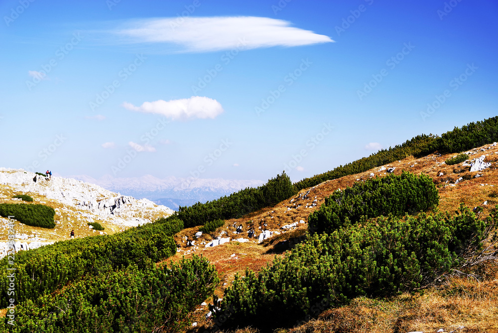 Obraz premium Scenic landscape of the Austrian Alps from the Krippenstein of the Dachstein Mountains range in Obertraun, Austria, Europe