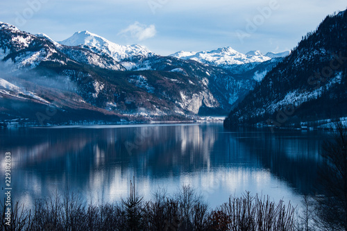 Lake Landscape in winter. Grundlsee, Austria. Copy Space.