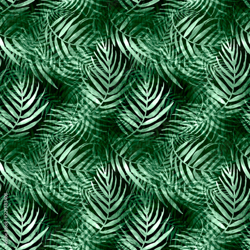 Seamless watercolor background from green tropical leaves, palm leaf, floral pattern. Bright Rapport for Paper, Textile, Wallpaper, design. Tropical leaves watercolor. 