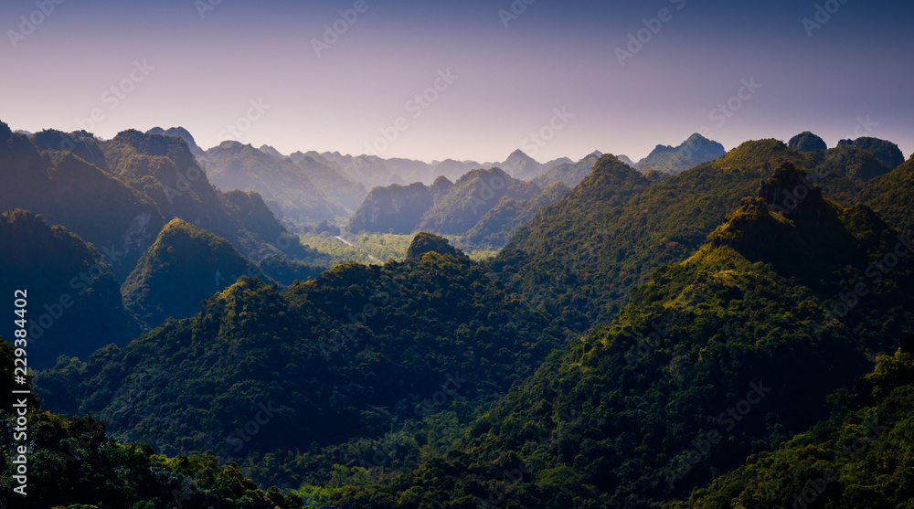 Rocks and mountains of Cat Ba Island in Vietnam. Panoramic landscape. Vietnam, South East Asia.