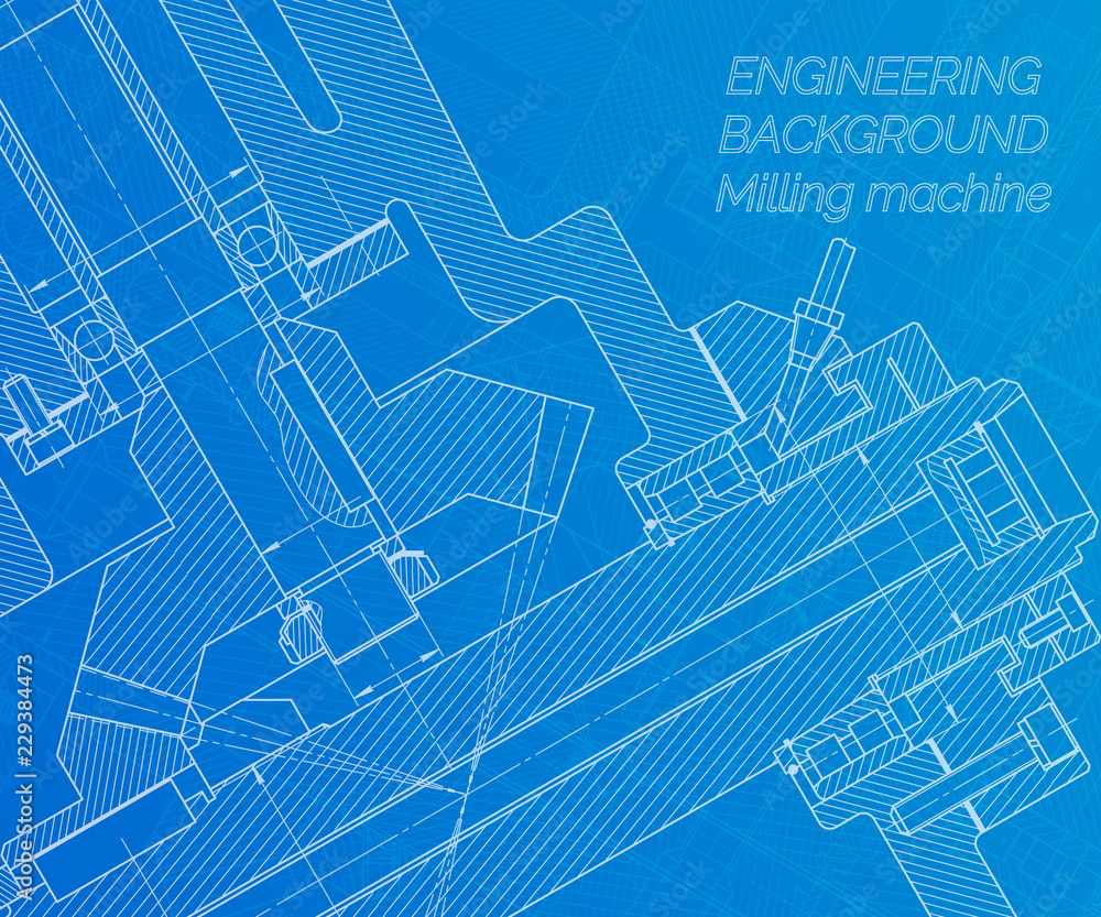 Mechanical engineering drawings on blue background. Milling machine spindle. Technical Design. Cover. Blueprint. Vector illustration.