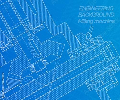Mechanical engineering drawings on blue background. Milling machine spindle. Technical Design. Cover. Blueprint. Vector illustration.